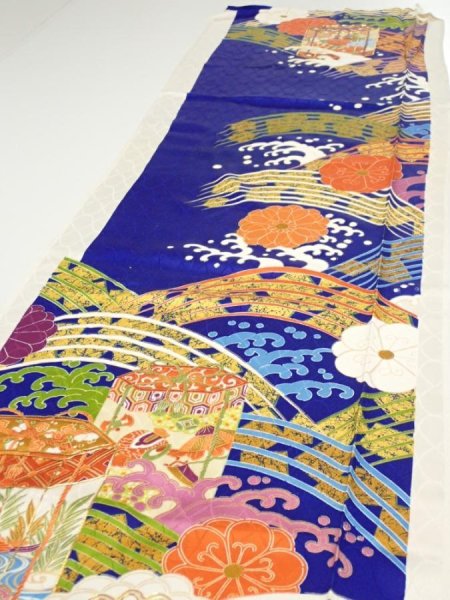 Photo3: 4D07z90  Japanese Kimono Silk  FABRIC Wave Dark blue 67.7x15.0 (3)