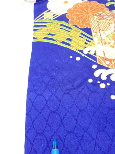 Photo6: 4D07z90  Japanese Kimono Silk  FABRIC Wave Dark blue 67.7x15.0 (6)