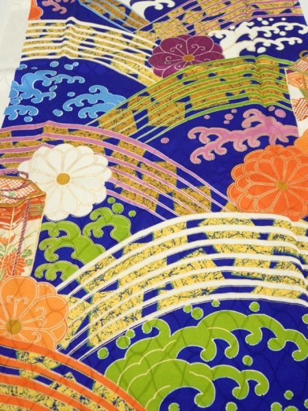 Photo1: 4D08z90  Japanese Kimono Silk  FABRIC Wave Dark blue 67.7x15.0 (1)