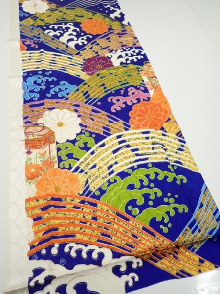 Photo2: 4D08z90  Japanese Kimono Silk  FABRIC Wave Dark blue 67.7x15.0 (2)