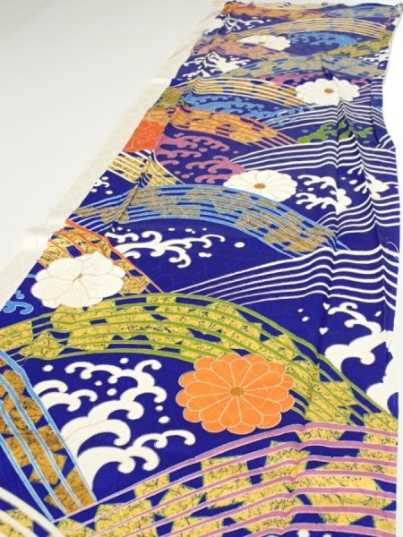 Photo3: 4D08z90  Japanese Kimono Silk  FABRIC Wave Dark blue 67.7x15.0 (3)