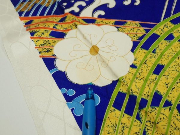 Photo6: 4D08z90  Japanese Kimono Silk  FABRIC Wave Dark blue 67.7x15.0 (6)