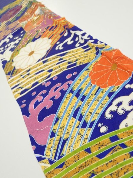 Photo1: 4D09z50  Japanese Kimono Silk  FABRIC Wave Dark blue 63.0x7.5 (1)