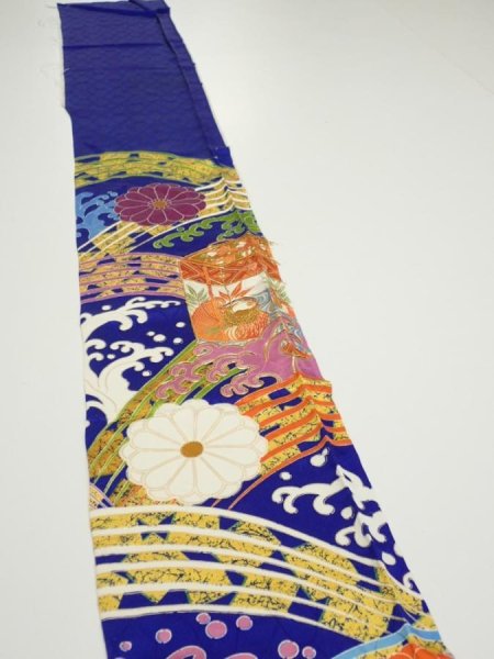 Photo3: 4D09z50  Japanese Kimono Silk  FABRIC Wave Dark blue 63.0x7.5 (3)