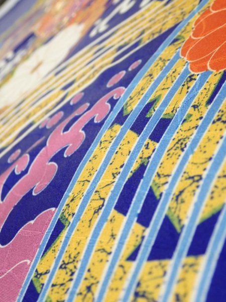 Photo4: 4D09z50  Japanese Kimono Silk  FABRIC Wave Dark blue 63.0x7.5 (4)