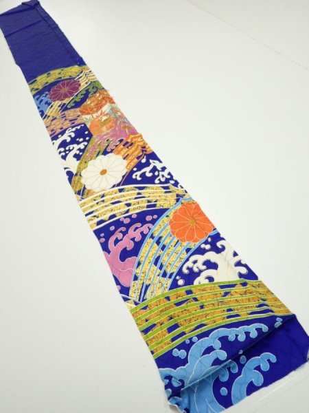 Photo5: 4D09z50  Japanese Kimono Silk  FABRIC Wave Dark blue 63.0x7.5 (5)