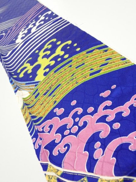 Photo1: 4D10z50  Japanese Kimono Silk  FABRIC Wave Dark blue 66.1x7.5 (1)