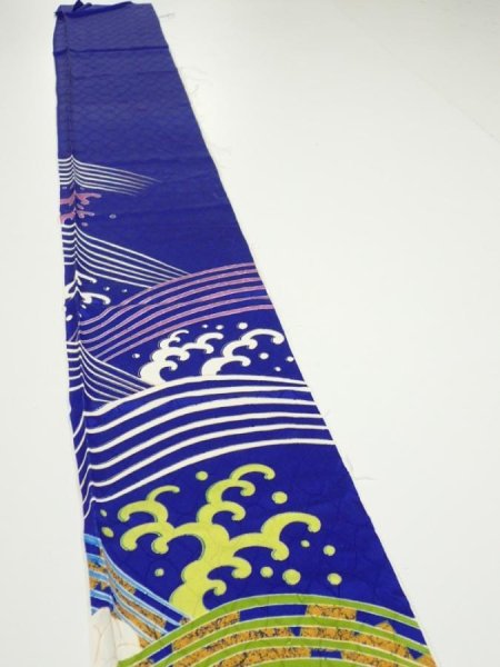 Photo3: 4D10z50  Japanese Kimono Silk  FABRIC Wave Dark blue 66.1x7.5 (3)