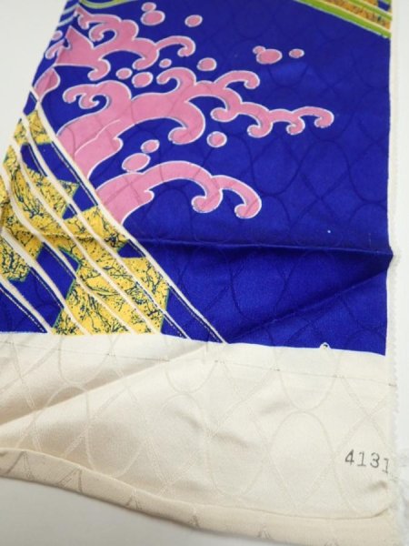 Photo6: 4D10z50  Japanese Kimono Silk  FABRIC Wave Dark blue 66.1x7.5 (6)