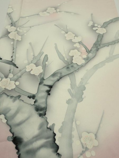 Photo1: 4D06z80  Japanese Kimono Silk  FABRIC Plum tree [object Object] 66.5x14.2 (1)