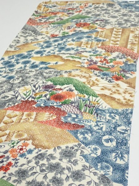 Photo3: 4D01z60  Japanese Kimono Silk  FABRIC Flowers Off-white 43.3x14.0 (3)