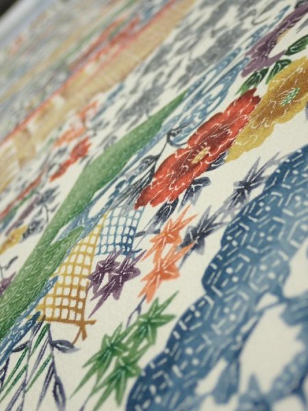 Photo4: 4D01z60  Japanese Kimono Silk  FABRIC Flowers Off-white 43.3x14.0 (4)
