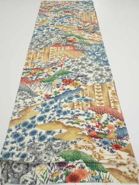 Photo5: 4D02z60  Japanese Kimono Silk  FABRIC Flowers Off-white 43.3x14.0 (5)