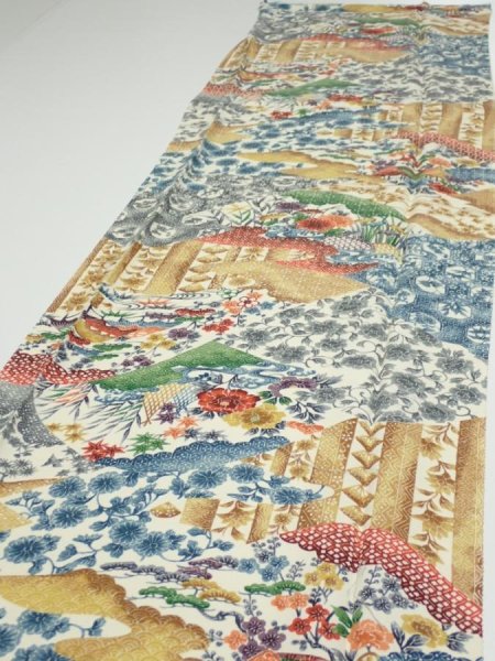 Photo3: 4D04z90  Japanese Kimono Silk  FABRIC Flowers Off-white 68.1x14.2 (3)
