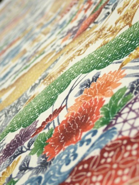 Photo4: 4D04z90  Japanese Kimono Silk  FABRIC Flowers Off-white 68.1x14.2 (4)