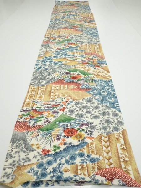 Photo5: 4D05z90  Japanese Kimono Silk  FABRIC Flowers Off-white 69.3x14.2 (5)