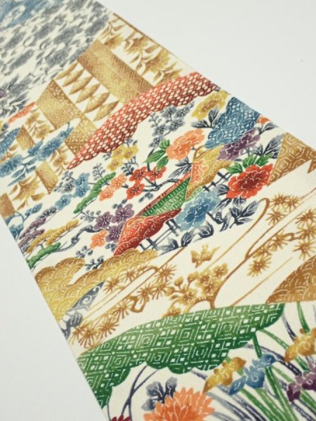 Photo1: 4D08z40  Japanese Kimono Silk  FABRIC Flowers Off-white 63.4x7.1 (1)