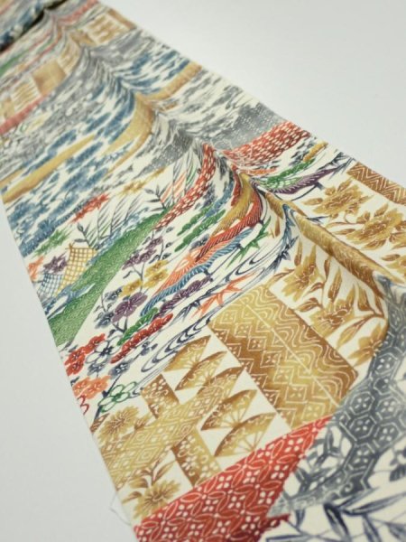 Photo1: 4D09z60  Japanese Kimono Silk  FABRIC Flowers Off-white 90.6x6.9 (1)