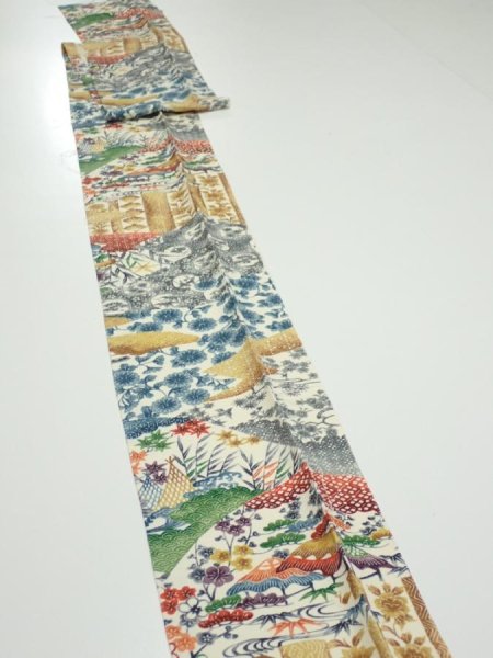 Photo3: 4D09z60  Japanese Kimono Silk  FABRIC Flowers Off-white 90.6x6.9 (3)