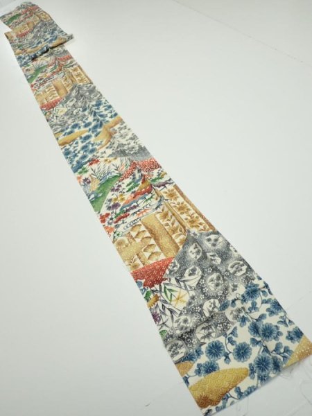 Photo5: 4D09z60  Japanese Kimono Silk  FABRIC Flowers Off-white 90.6x6.9 (5)