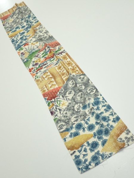 Photo1: 4D10z30  Japanese Kimono Silk  FABRIC Flowers Off-white 35.8x6.9 (1)