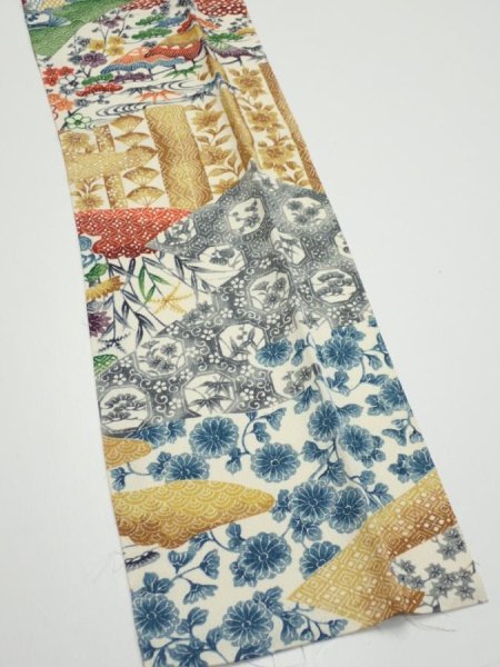 Photo3: 4D10z30  Japanese Kimono Silk  FABRIC Flowers Off-white 35.8x6.9 (3)