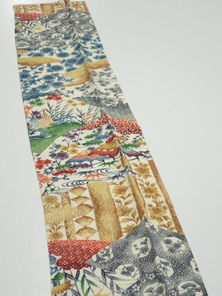 Photo4: 4D10z30  Japanese Kimono Silk  FABRIC Flowers Off-white 35.8x6.9 (4)