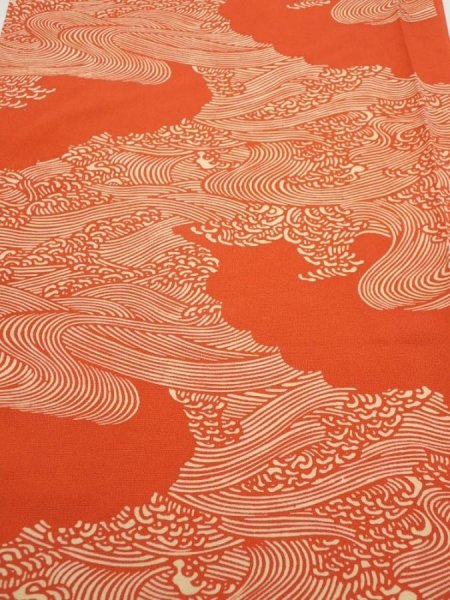 Photo1: 4D01z70  Japanese Kimono Silk  FABRIC Wave Dark orange 48.8x14.4 (1)