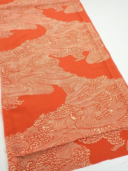 Photo2: 4D01z70  Japanese Kimono Silk  FABRIC Wave Dark orange 48.8x14.4 (2)