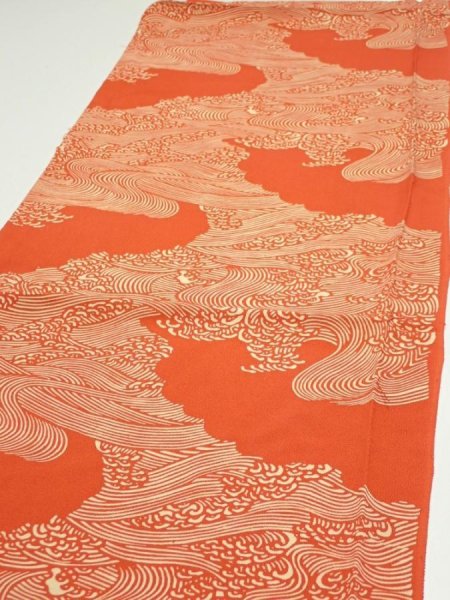 Photo3: 4D01z70  Japanese Kimono Silk  FABRIC Wave Dark orange 48.8x14.4 (3)