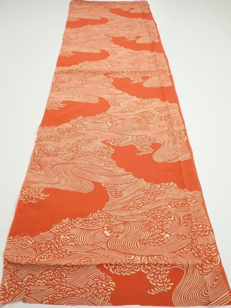 Photo5: 4D01z70  Japanese Kimono Silk  FABRIC Wave Dark orange 48.8x14.4 (5)