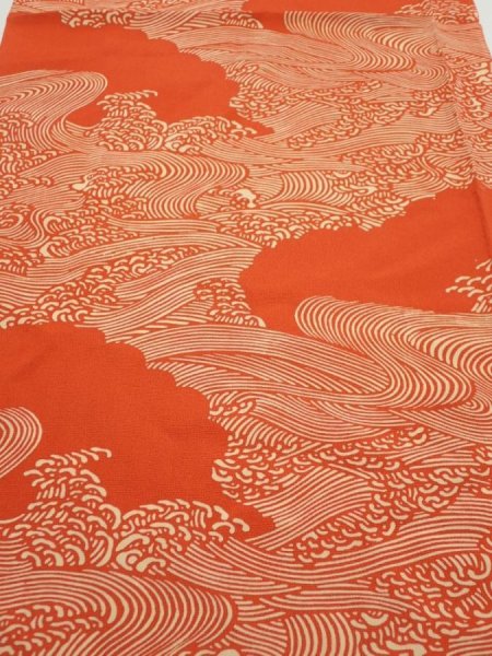 Photo1: 4D02z70  Japanese Kimono Silk  FABRIC Wave Dark orange 48.8x14.2 (1)