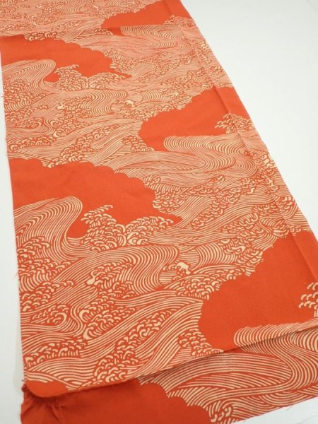 Photo2: 4D02z70  Japanese Kimono Silk  FABRIC Wave Dark orange 48.8x14.2 (2)