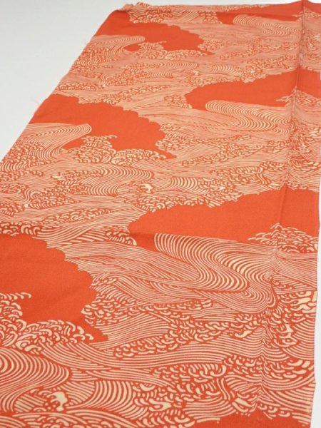 Photo3: 4D02z70  Japanese Kimono Silk  FABRIC Wave Dark orange 48.8x14.2 (3)