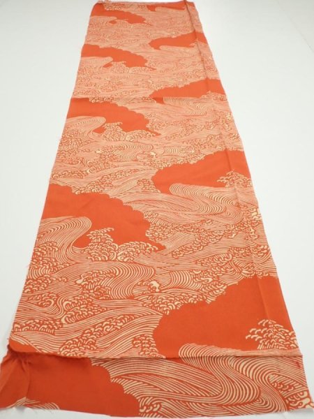 Photo5: 4D02z70  Japanese Kimono Silk  FABRIC Wave Dark orange 48.8x14.2 (5)