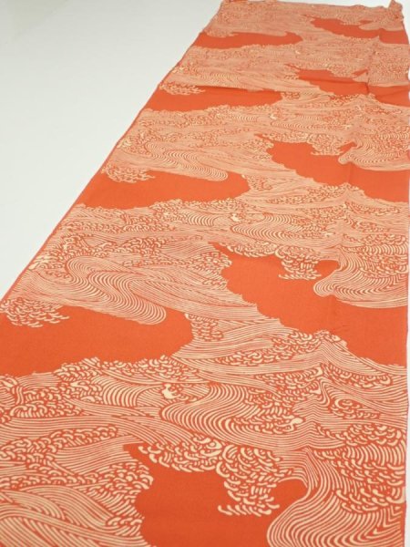 Photo3: 4D04z100  Japanese Kimono Silk  FABRIC Wave Dark orange 68.1x14.6 (3)