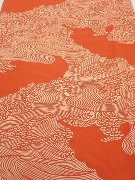 Photo1: 4D06z100  Japanese Kimono Silk  FABRIC Wave Dark orange 68.9x14.6 (1)