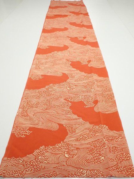 Photo5: 4D06z100  Japanese Kimono Silk  FABRIC Wave Dark orange 68.9x14.6 (5)
