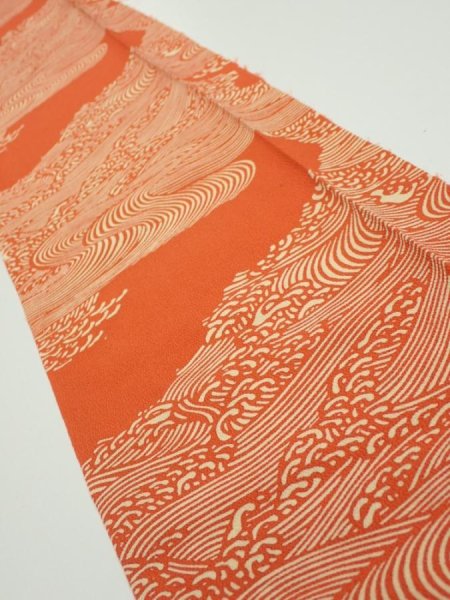 Photo1: 4D07z50  Japanese Kimono Silk  FABRIC Wave Dark orange 65.7x7.5 (1)