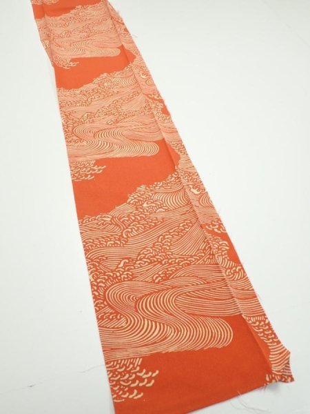 Photo2: 4D08z50  Japanese Kimono Silk  FABRIC Wave Dark orange 65.4x7.7 (2)