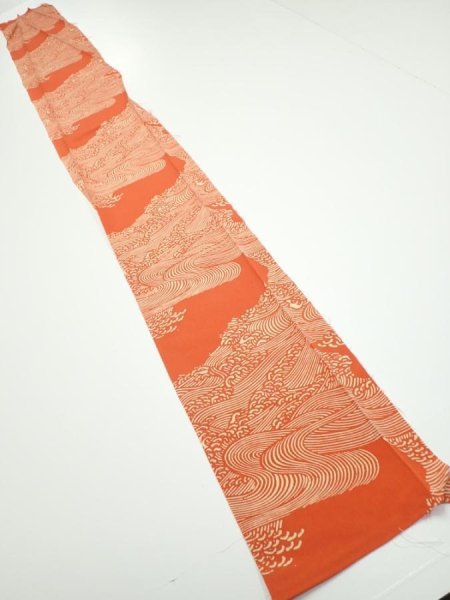 Photo5: 4D08z50  Japanese Kimono Silk  FABRIC Wave Dark orange 65.4x7.7 (5)