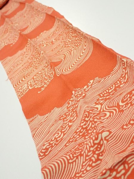 Photo1: 4D09z70  Japanese Kimono Silk  FABRIC Wave Dark orange 93.3x6.7 (1)