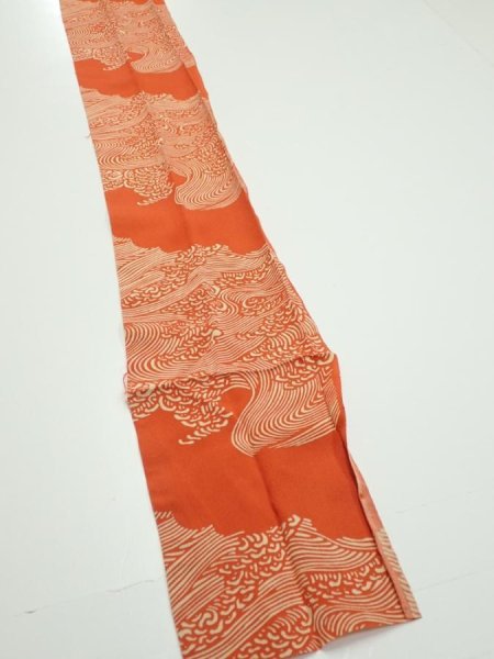 Photo2: 4D09z70  Japanese Kimono Silk  FABRIC Wave Dark orange 93.3x6.7 (2)