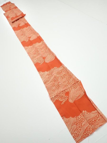 Photo5: 4D09z70  Japanese Kimono Silk  FABRIC Wave Dark orange 93.3x6.7 (5)
