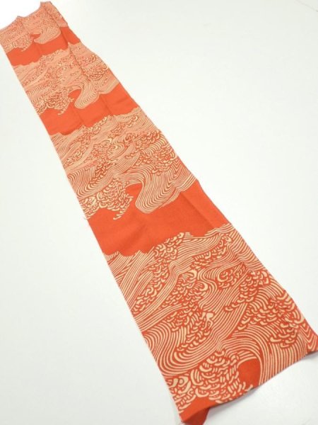 Photo1: 4D10z30  Japanese Kimono Silk  FABRIC Wave Dark orange 38.6x6.7 (1)