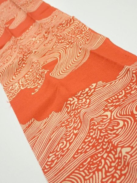 Photo2: 4D10z30  Japanese Kimono Silk  FABRIC Wave Dark orange 38.6x6.7 (2)
