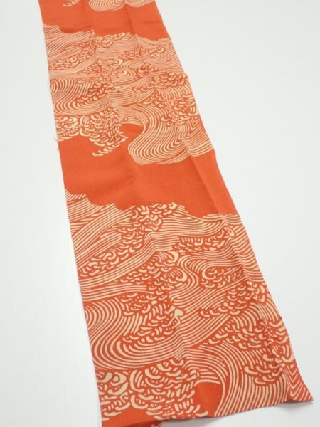 Photo3: 4D10z30  Japanese Kimono Silk  FABRIC Wave Dark orange 38.6x6.7 (3)