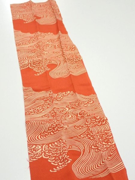 Photo4: 4D10z30  Japanese Kimono Silk  FABRIC Wave Dark orange 38.6x6.7 (4)