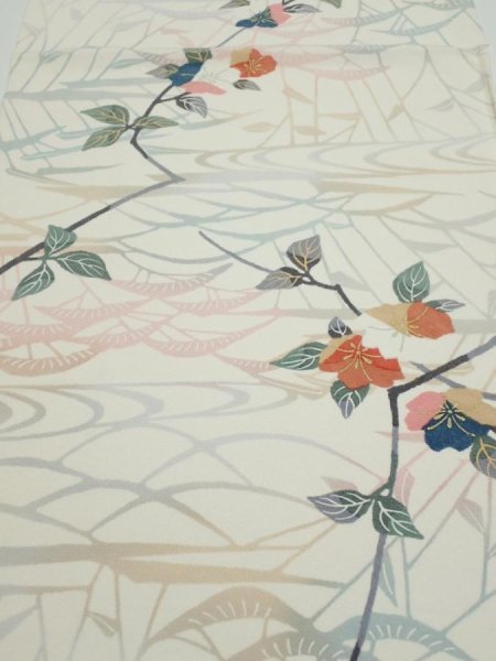 Photo1: 4D01z60  Japanese Kimono Silk  FABRIC Sakura Off-white 40.9x14.4 (1)