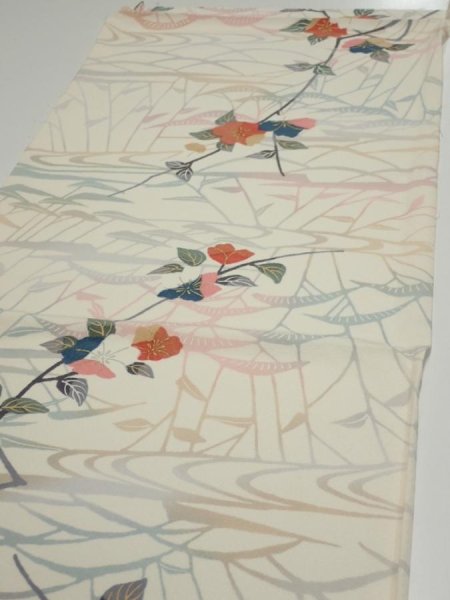 Photo3: 4D01z60  Japanese Kimono Silk  FABRIC Sakura Off-white 40.9x14.4 (3)